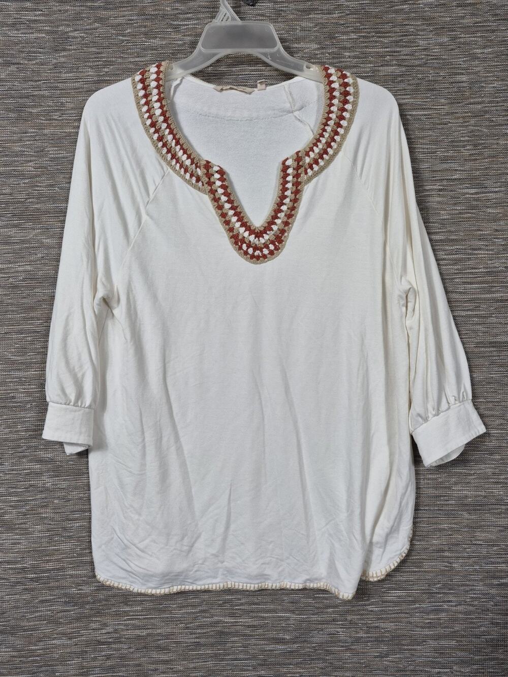Soft Surroundings Sarita Top Size 1X Ivory Soft Knit Crochet Neckline 3/4 Sleeve
